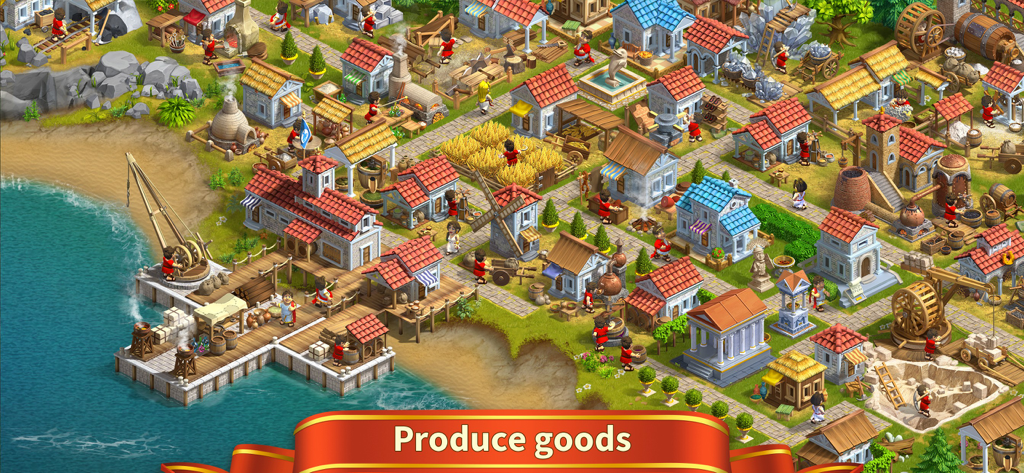 Rise of the Roman Empire: Rome - Vista isométrica de un asentamiento romano que muestra varios edificios de producción y un puerto junto al mar