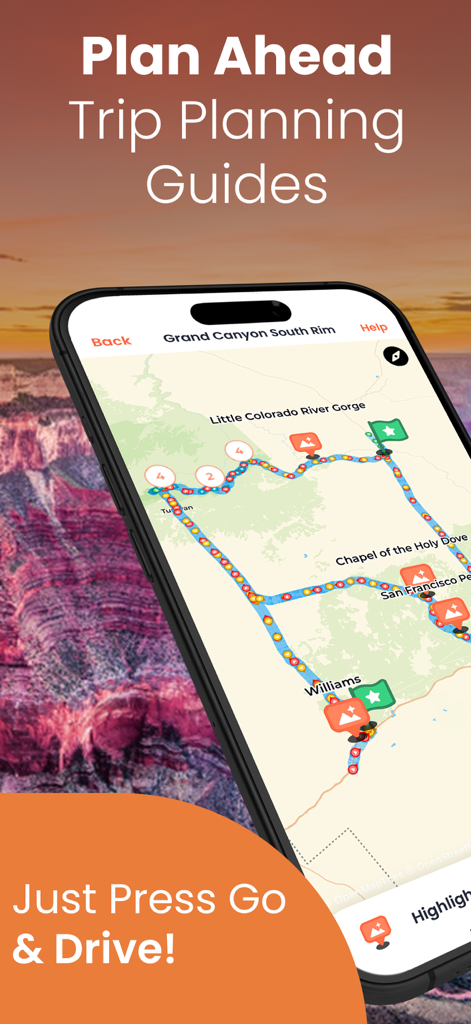 A smartphone displaying a driving tour map of the Grand Canyon South Rim with points of interest and route markers.