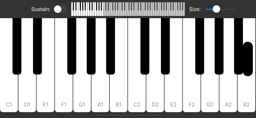 A minimalist digital piano keyboard interface with labeled notes and sustain controls