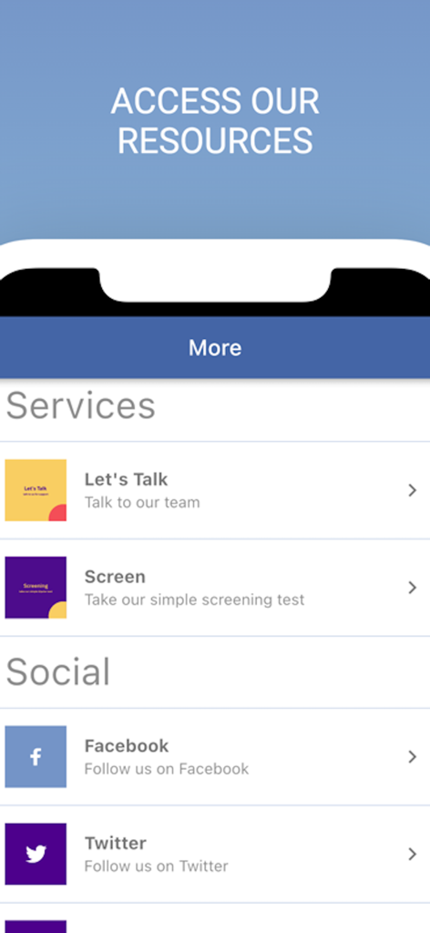 Bipolar UK Mood Tracker - Bipolar UK Mood Tracker app resources screen featuring services like talk to our team and screening test along with social media links