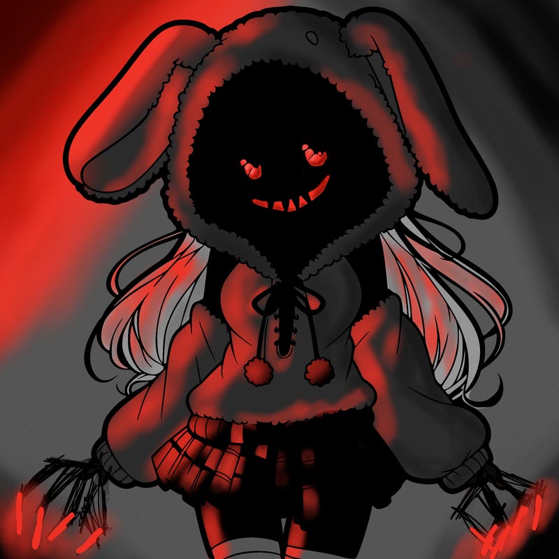 pretty anime girl wearing a fluffy hoodie with bunny ears on the hood and a skirt