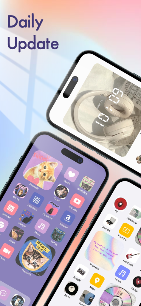 LockWidget: Lock Screen,Themes - Three iPhones showcasing diverse custom home and lock screen themes with aesthetic icons and widgets.