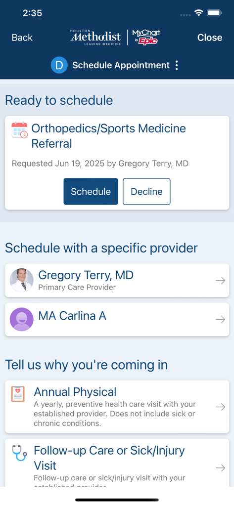 MyMethodist - MyMethodist mobile app interface for scheduling appointments with doctors and healthcare providers