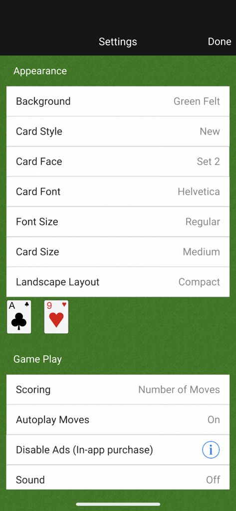 Free Cell Classic - Free Cell Classic app settings menu with appearance and gameplay options