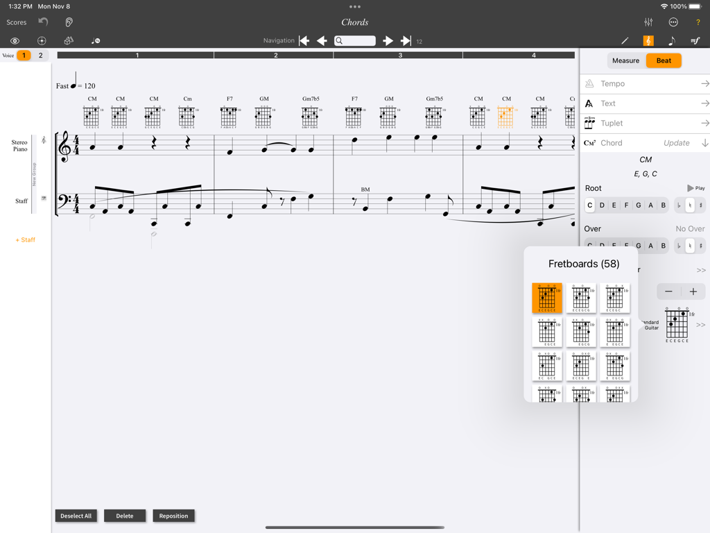 MusicJOT - MusicJOT iPad-App-Oberfläche mit einer Partitur mit Gitarrenakkord-Griffbrettdiagrammen und einem Auswahlmenü