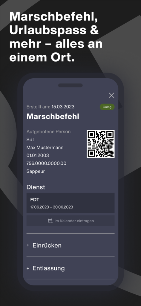 DIM-Wallet - Screenshot of the DIM-Wallet app showing a digital marching order for the Swiss Armed Forces with a QR code