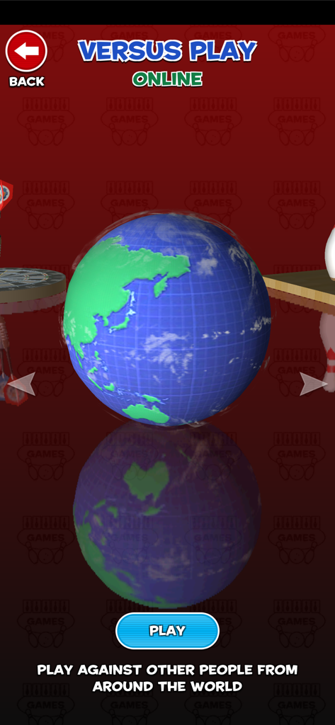 Pantalla del modo de juego online contra otros jugadores de Strike! Ten Pin Bowling mostrando un globo terráqueo y un botón de jugar