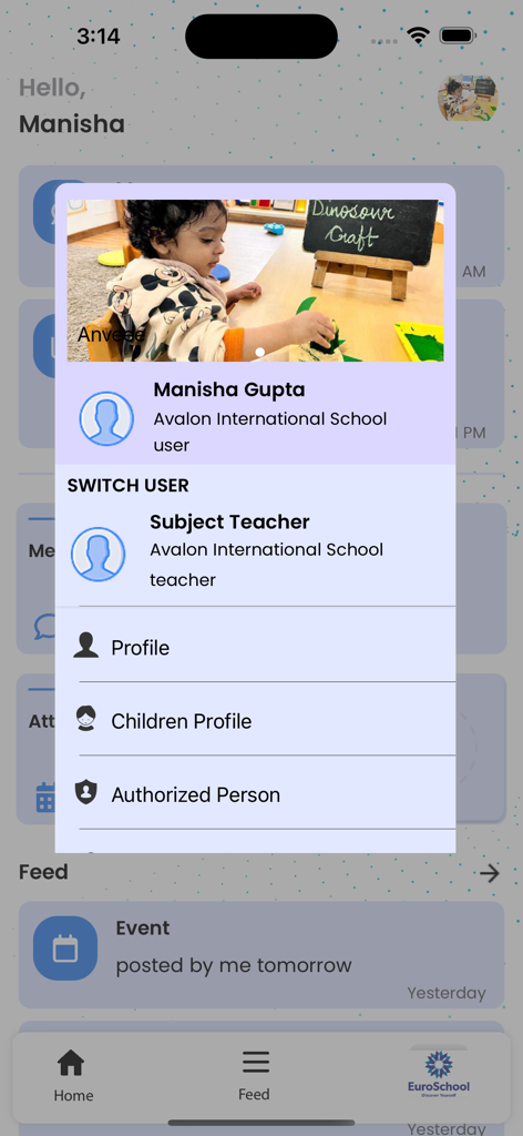 Menú de cambio de usuario en la aplicación School Diary que muestra la configuración del perfil y fotos de la actividad del estudiante