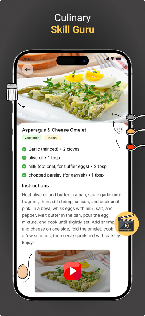 재료, 지침 및 통합 동영상 튜토리얼을 보여주는 아스파라거스 치즈 오믈렛 레시피 페이지