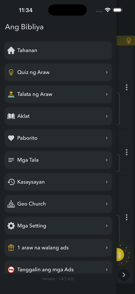 Tagalog Bible – Audio Offline - Menú de navegación lateral de la aplicación móvil de la Biblia Tagala en modo oscuro con opciones de cuestionario diario y versículo del día.