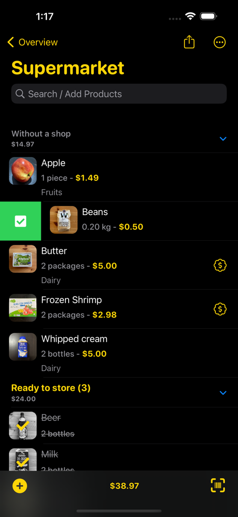 FoodShiner: Pantry Companion - FoodShinerアプリのインターフェース。スーパーマーケットの買い物リストに食品アイテムの価格とカテゴリがダークモードで表示されています。