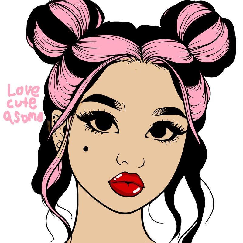 realistic girl with two buns on her hair and lips