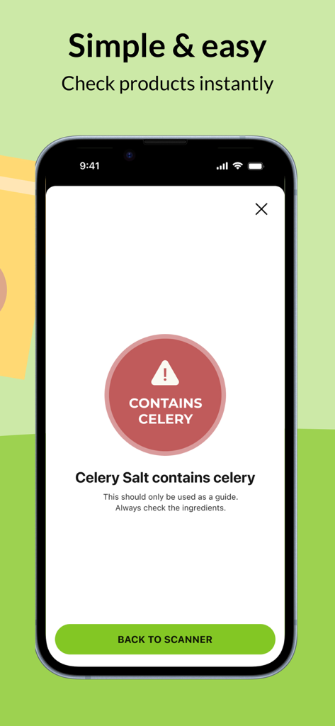 A mobile phone screen showing a red warning sign that says Contains Celery after scanning a product barcode.
