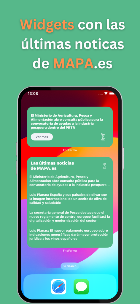 Pantalla de inicio de iOS que muestra widgets de FitoFarma con las últimas noticias agrícolas del MAPA
