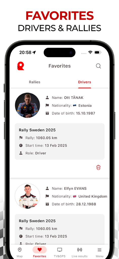 RallyPin - RallyPin mobile app favorites screen showing a list of professional rally drivers with their profiles and upcoming race event information