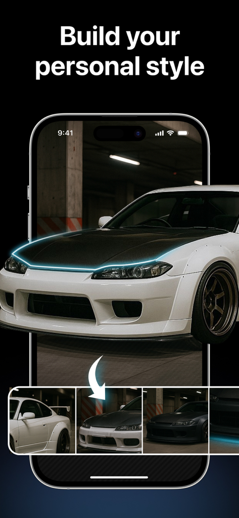 Mods: AI Car Designer & Tuning - A mobile interface for the Mods app showcasing custom car body kits and tuning options for a white sports car.