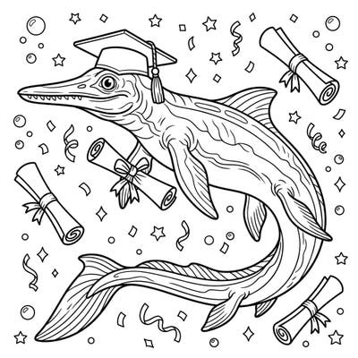 Get ready to celebrate with this incredibly unique Cymbospondylus Graduation Day coloring page! Imagine an ancient ichthyosaur proudly accepting its diploma, surrounded by festive confetti and academic scrolls, ready for your creative touch.