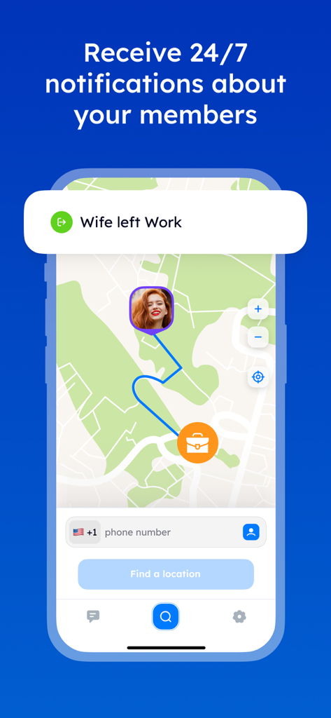 Interface of Phone Locator 360 app showing a notification for a family member leaving work on a map