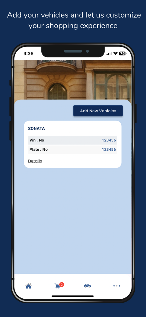 Hyundai-Jordan - Bildschirm der mobilen App Hyundai Jordan zeigt ein Fahrzeugprofil für einen Sonata mit Feldern für Fahrgestellnummer und Kennzeichen