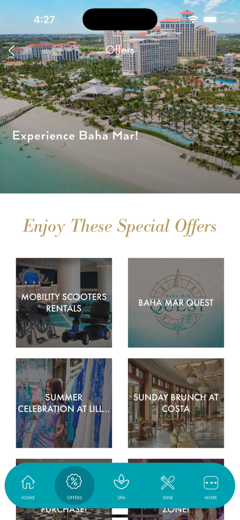 Experience Baha Mar - Baha Mar mobile app screen displaying special offers for resort activities and dining
