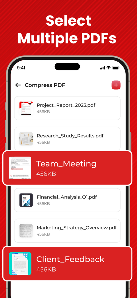 PDF Compressor－Compress PDF - Interfaz de la aplicación PDF Compressor que muestra una lista de documentos donde se seleccionan varios archivos PDF para comprimir.