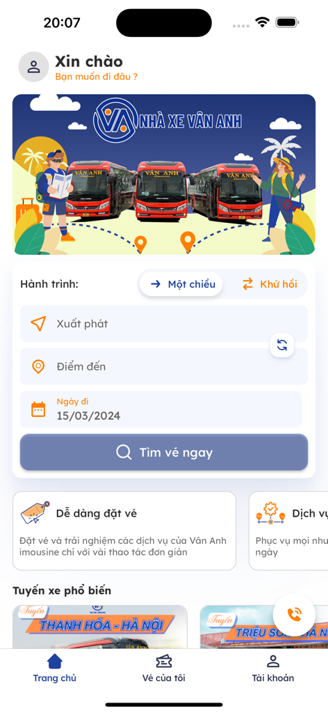 Xe Vân Anh - Xe Van Anh Limousine mobile app home screen with bus ticket booking options for Vietnam travel