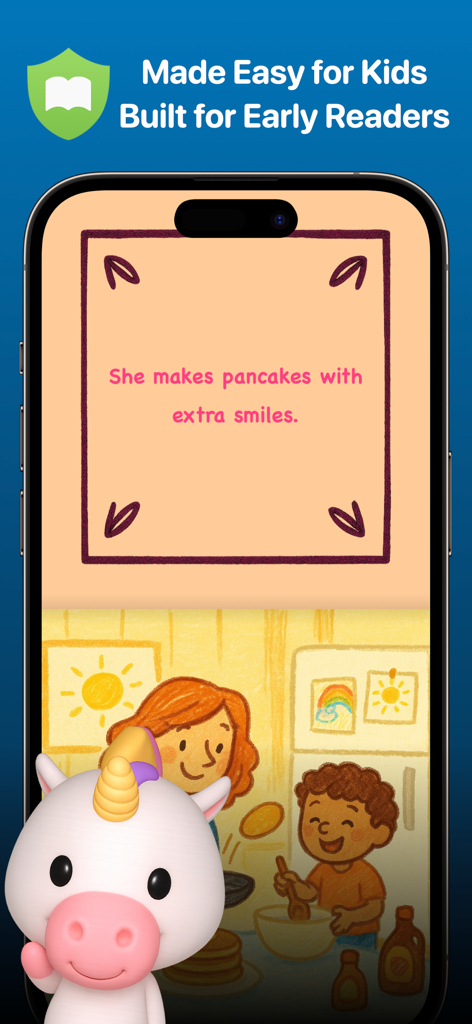 Una interfaz de aplicación amigable para niños de Kiddos Books que muestra una oración de lectura simple y una cálida ilustración de una madre e hijo cocinando panqueques