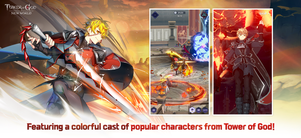 Tower of God: NEW WORLD - Captura de pantalla promocional de Tower of God NEW WORLD con personajes populares de anime y combate de juego elegante para móviles