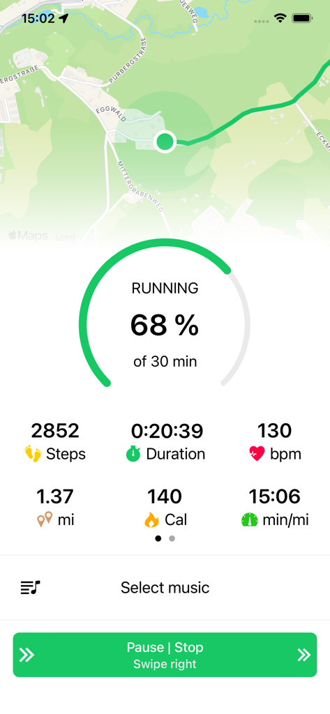 Running tracker app showing workout progress, GPS map, and fitness metrics