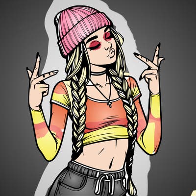realistic teenage girl with braids and a beanie and crop top doing 🫶🏼