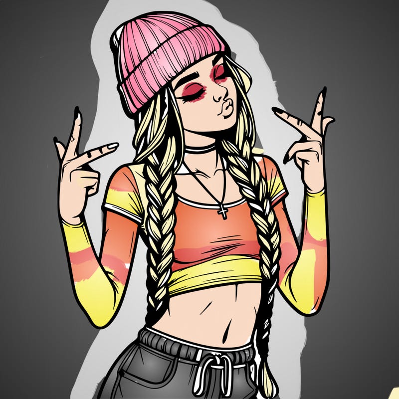 realistic teenage girl with braids and a beanie and crop top doing 🫶🏼