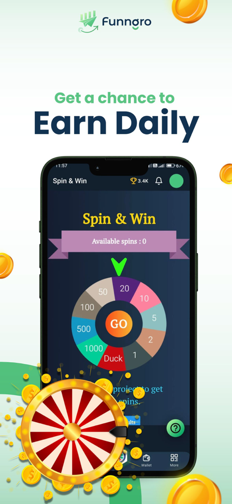 Funngro - Interfaz de la aplicación móvil Funngro que muestra una rueda de girar y ganar para que los adolescentes ganen recompensas diarias