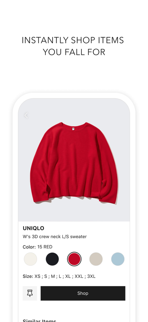 StyleHint: Style search engine - 스타일힌트 앱 인터페이스. 구매 옵션과 함께 빨간색 유니클로 스웨터가 표시됩니다.