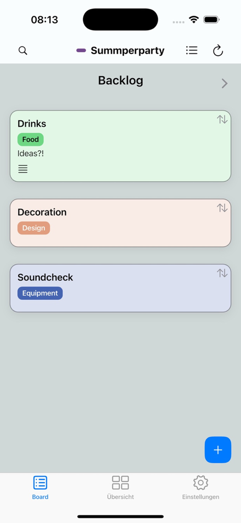 A screenshot of the Next Deck app showing a backlog column with task cards for drinks, decoration, and soundcheck.