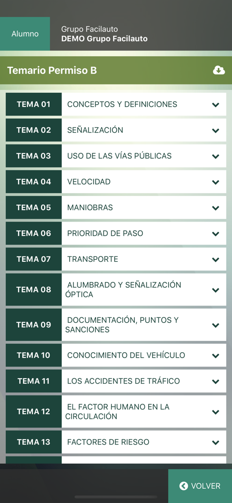 Facilauto - Aplicación Facilauto que muestra una lista de temas de estudio para el examen de licencia de conducir de España