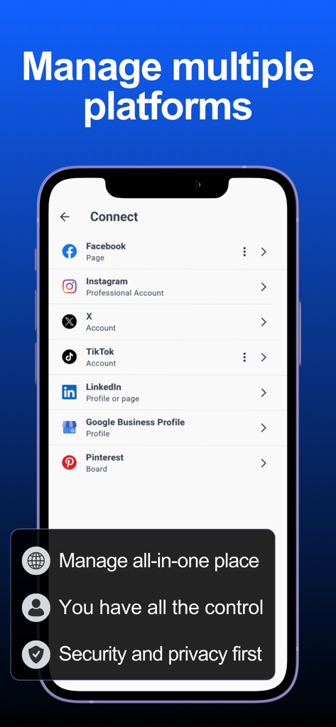 Hookle: Social Media Manager - Hookle app screen showing options to connect multiple social media platforms like Facebook, Instagram, TikTok, and Google Business Profile for all-in-one management.