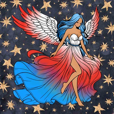 realistic woman with wings and with long flowy dress blowing in the wind