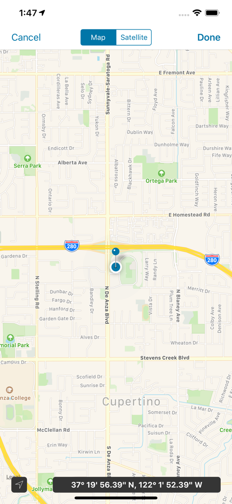 TrueContext - TrueContext mobile app map interface displaying a location pin and GPS coordinates for field service management