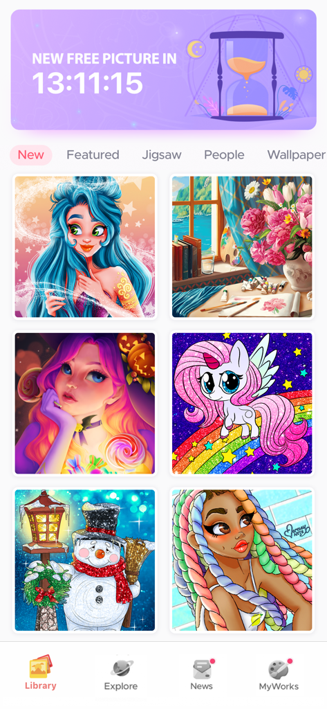 Coloring Fun : Color by Number - The library view of the Coloring Fun app displaying a grid of vibrant art categories and daily pictures.