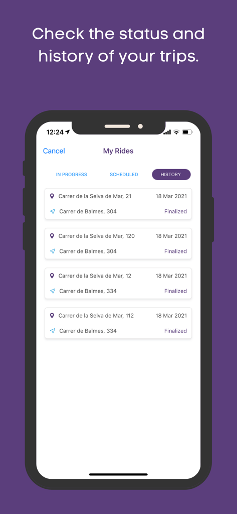 Taximes app interface showing a list of completed taxi trips with pickup and destination addresses.