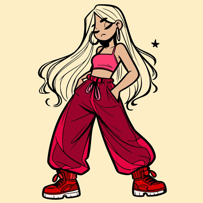 girl in baggy pants crop top and long hair