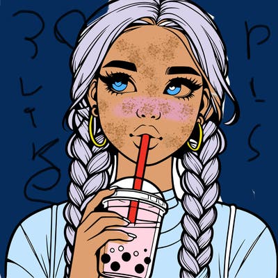 realistic girl with braided hair drinking boba