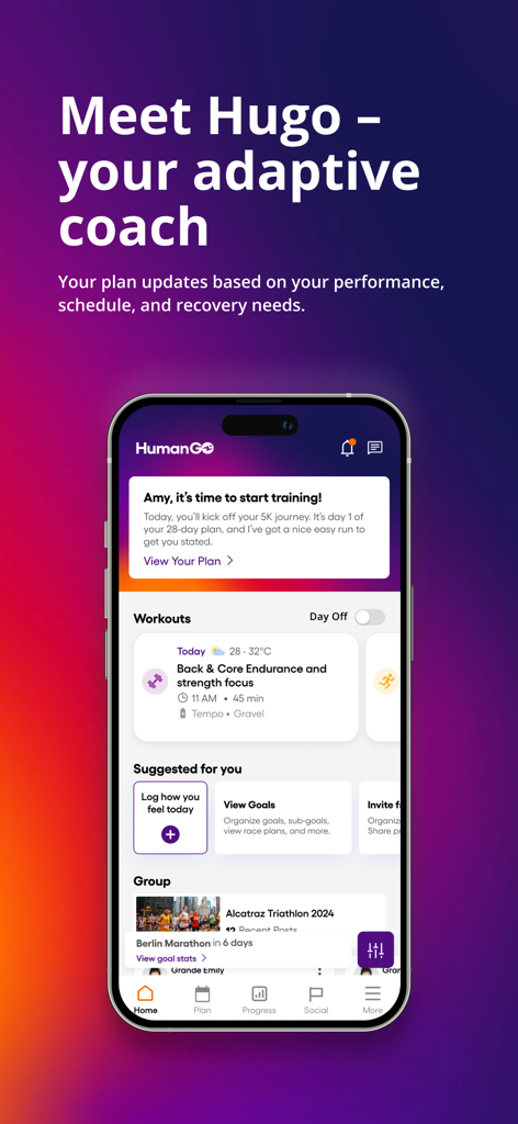 Humango: AI Training Planner - Humango app home screen showing the Hugo AI adaptive coach dashboard with personalized workout suggestions and marathon countdown.