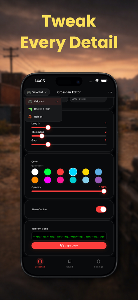 Custom Crosshair Overlay - Interfaccia dell'app mobile che mostra strumenti di editing del mirino per giochi come Valorant e CS2