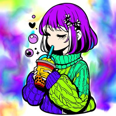 manga girl drinking boba in cozy sweater