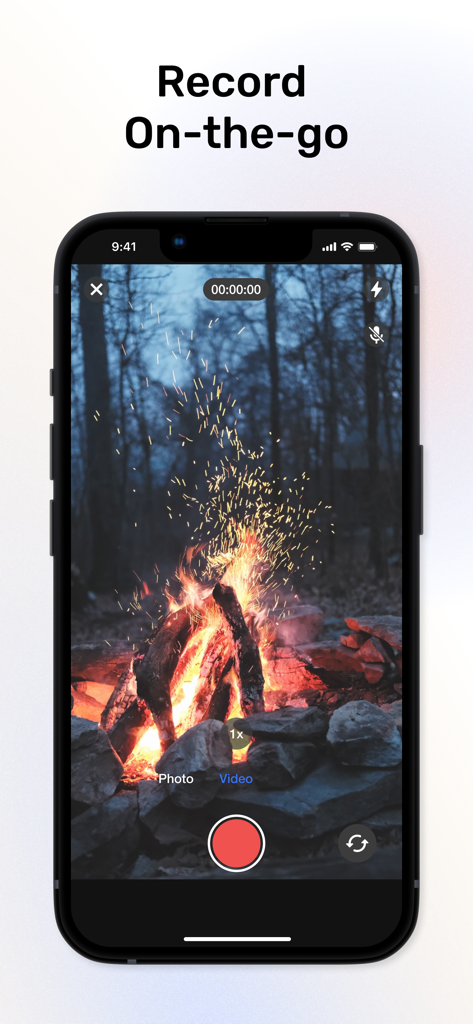 Visla - A smartphone screen showing the Visla app interface for recording video on the go featuring a campfire scene