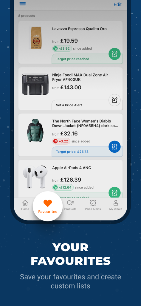 Idealo App-Bildschirm, der eine Liste von Lieblingsprodukten mit Preisverfolgung und Preisalarmen zeigt