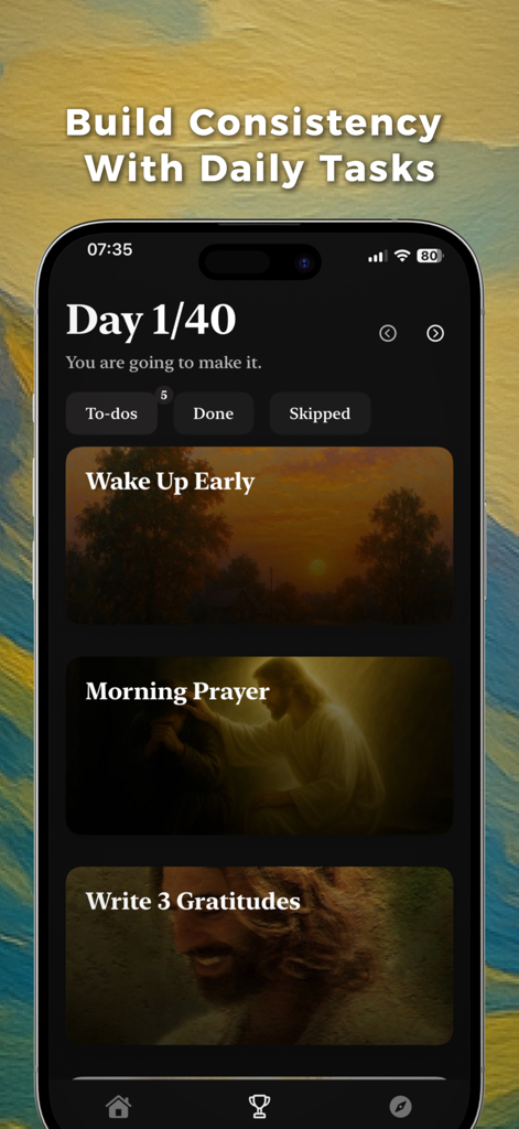 Genesis: Get Closer To God - Interfaccia dell'app Genesi che mostra un elenco di compiti per il viaggio spirituale di 40 giorni con preghiera mattutina e monitoraggio della gratitudine