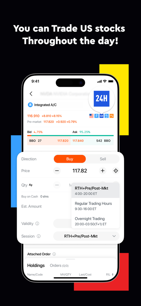 Longbridge app interface for 24 hour US stock trading including overnight sessions