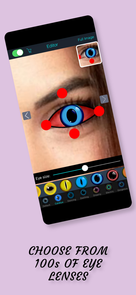 Eye Color Changer & Editor - A mobile app interface showing a photo being edited with blue contact lenses and various pupil templates.